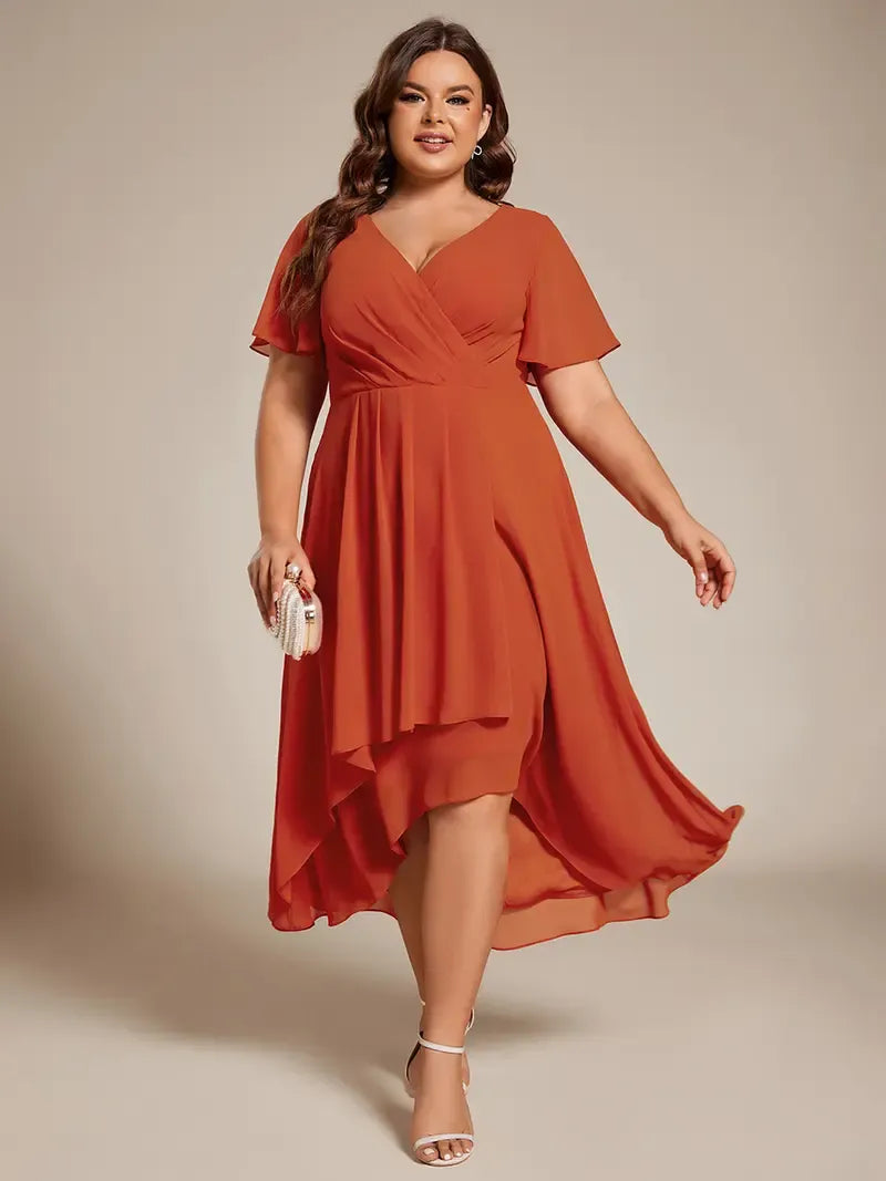 Spring Women's High-Low Hem Dress with Flutter Sleeves Surplice V-Neck ,Chiffon for Wedding Guest dress, Cocktail Party Formal dress,2084,womenswear