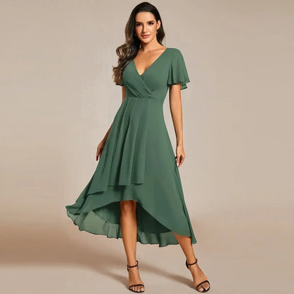 Spring Women's High-Low Hem Dress with Flutter Sleeves Surplice V-Neck ,Chiffon for Wedding Guest dress, Cocktail Party Formal dress,2084,womenswear