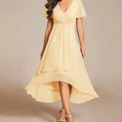 Spring Women's High-Low Hem Dress with Flutter Sleeves Surplice V-Neck ,Chiffon for Wedding Guest dress, Cocktail Party Formal dress,2084,womenswear