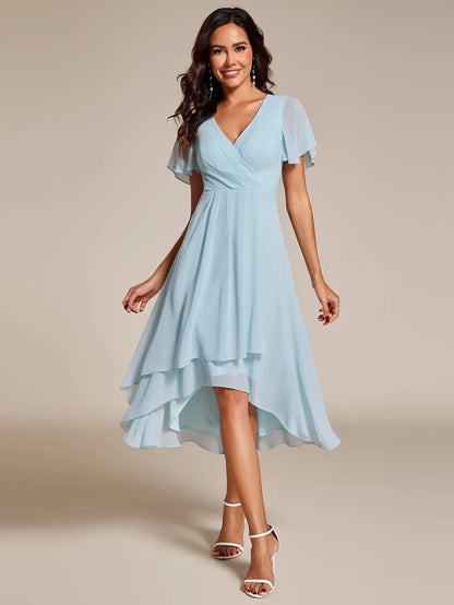 Spring Women's High-Low Hem Dress with Flutter Sleeves Surplice V-Neck ,Chiffon for Wedding Guest dress, Cocktail Party Formal dress,2084,womenswear